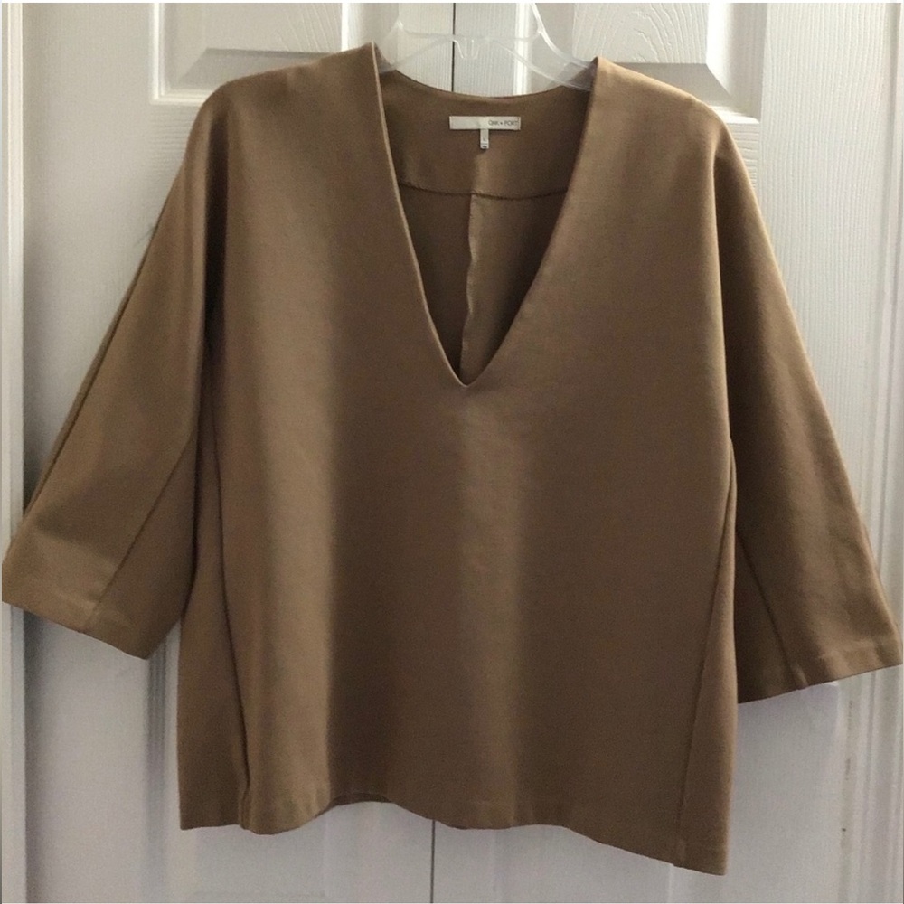 Oak + Fort Camel Boxy V-Neck Top Oversized 3/4 Sleeve Size L - Picture 2 of 8